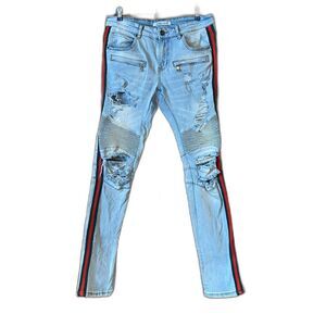 Embellish Light Wash Distressed Mens Jeans / Dark green + Red Side Stripe